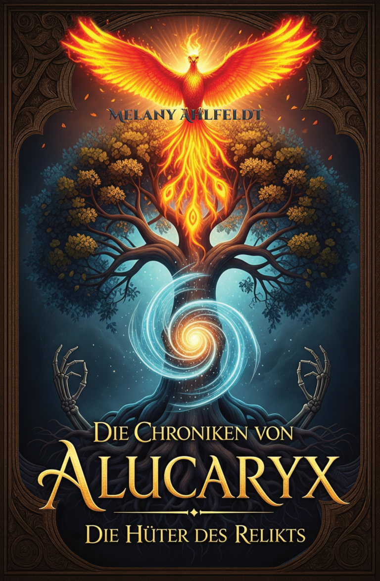 Die Chroniken von Alucaryx Buchcover mit einem Baum, einer Phönix-Illustration und einem Wirbel aus Energie.