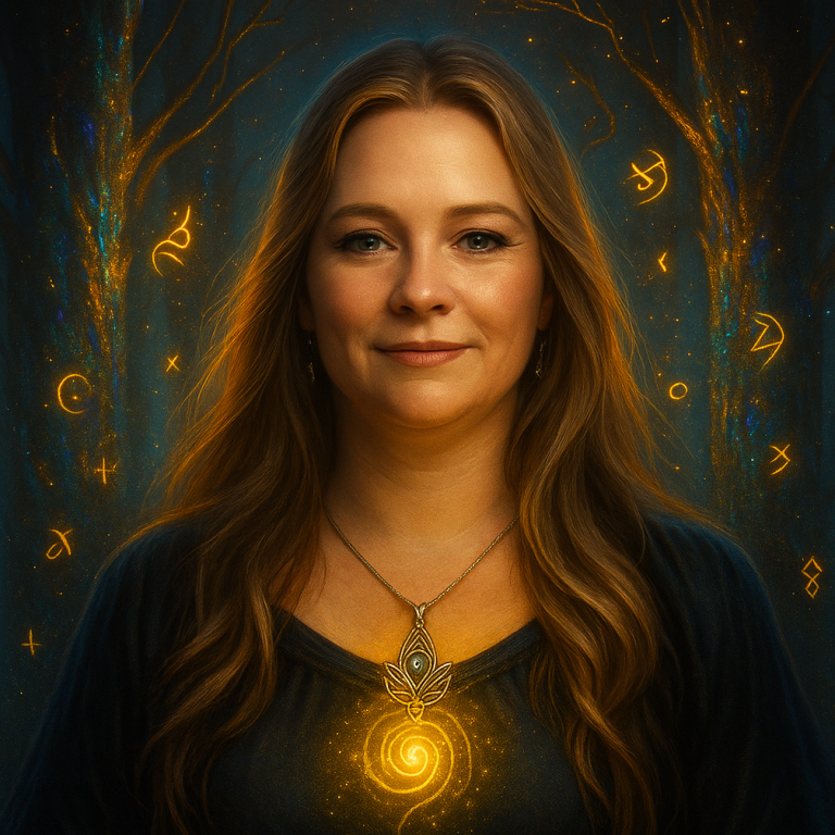 Melany Ahlfeldt Die Autorin mit langen Haaren und leuchtendem Amulett vor einer mystischen, dunklen Kulisse.