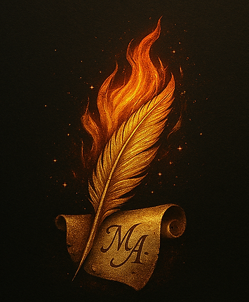 Autoren Logo Feder mit Flamme und Schriftrolle, darauf "MA.", auf schwarzem Hintergrund.